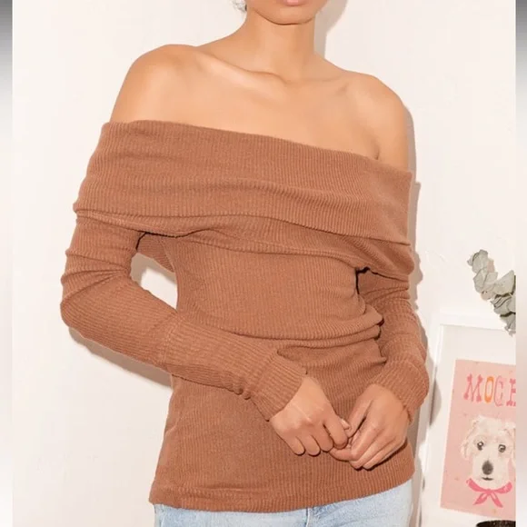 Free People Snowbunny Brown Ribbed Knit Off-the-Shoulder Sweater Top - Picture 1 of 10